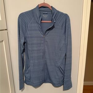 Athleta Pacifica Illume UPF Full Zip jacket in a blue, striped pattern